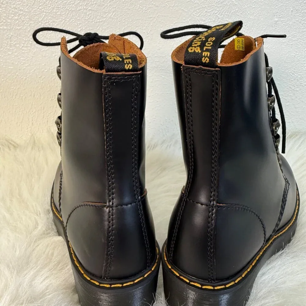 Dr. Martens Leona Platform Ankle Boots Size 6 Black Smooth Leather Heeled Boots